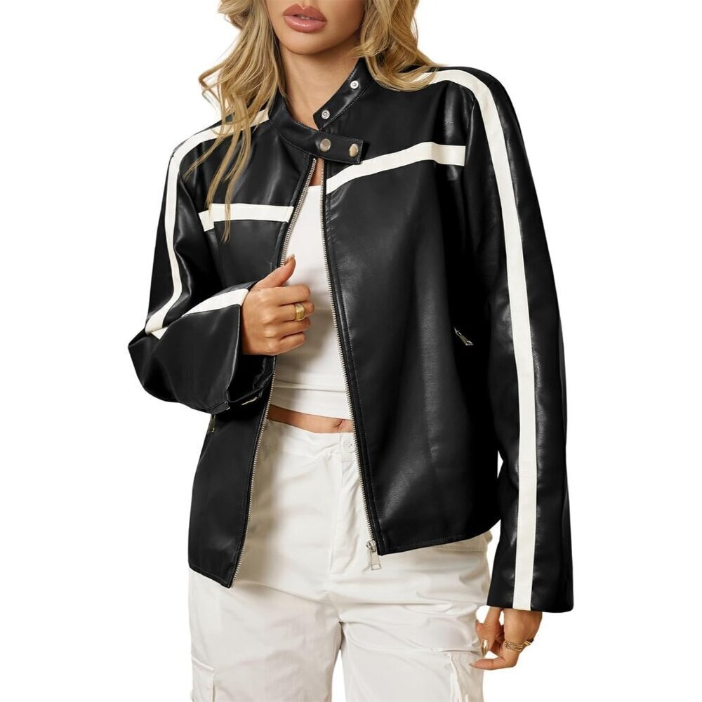 Women's Black Faux Leather Zip Up Moto Biker Y2K Racing Bomber Jackets